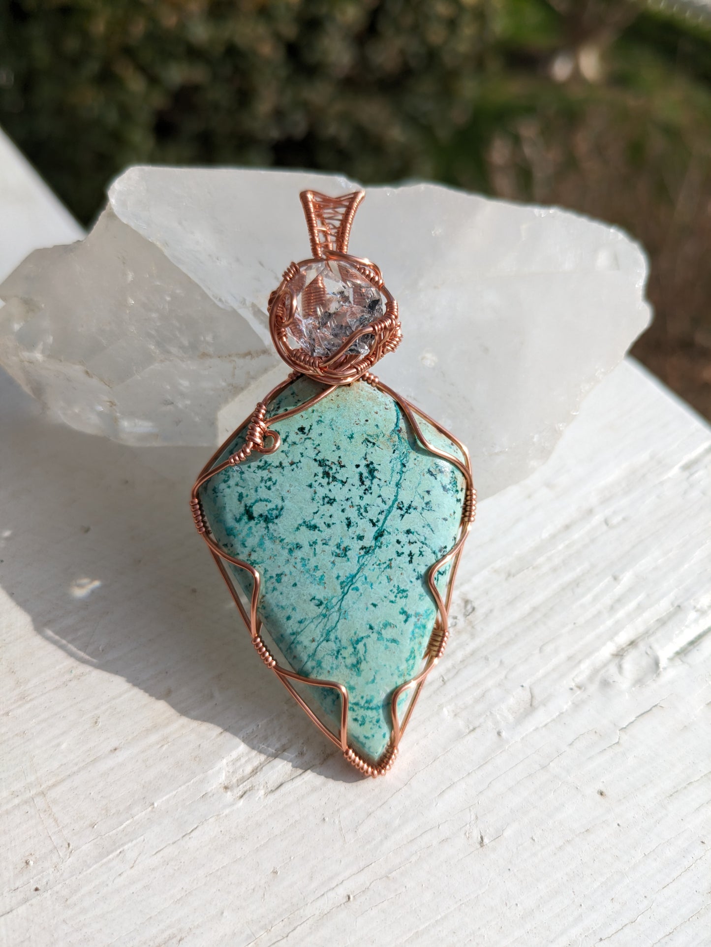 Seafoam Chrysocolla and Herkimer Quartz Pendant Necklace