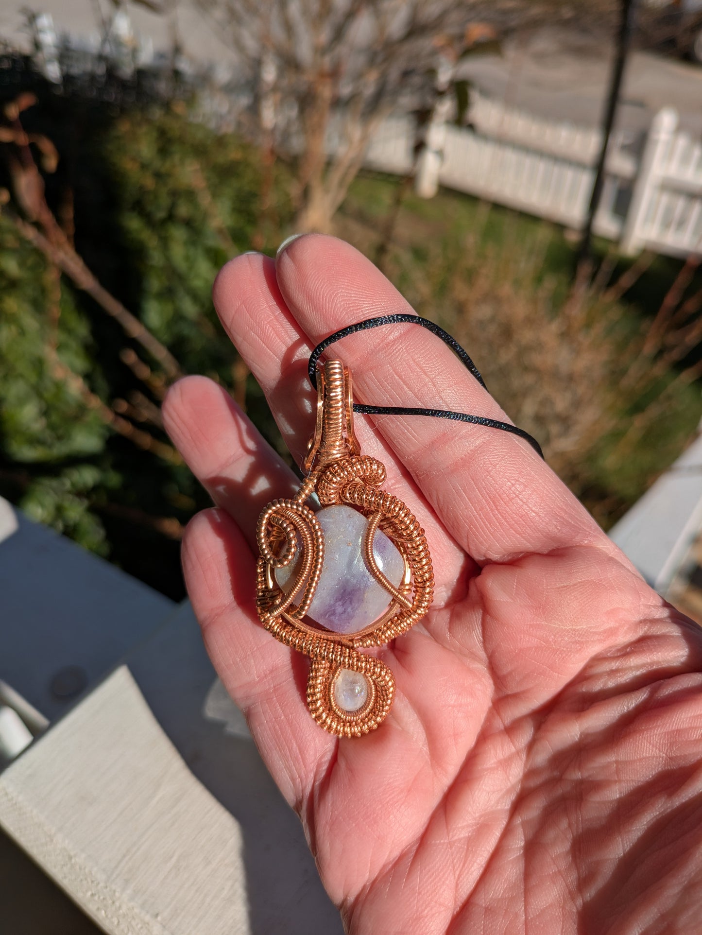 Copper Wire Wrapped Amethyst and Moonstone Mushroom Pendant Necklace