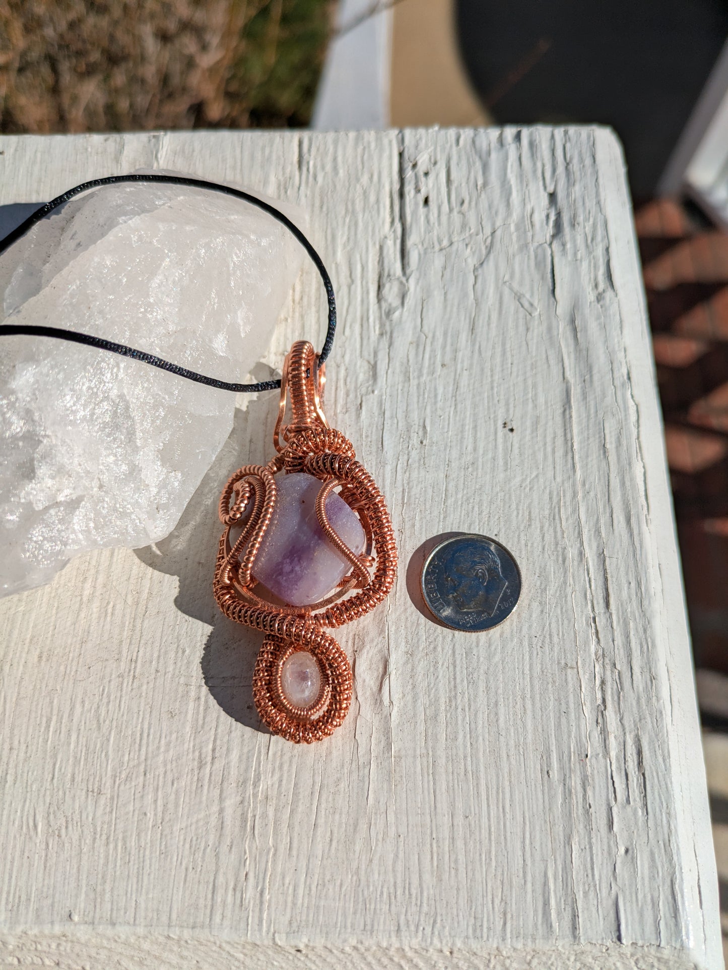 Copper Wire Wrapped Amethyst and Moonstone Mushroom Pendant Necklace