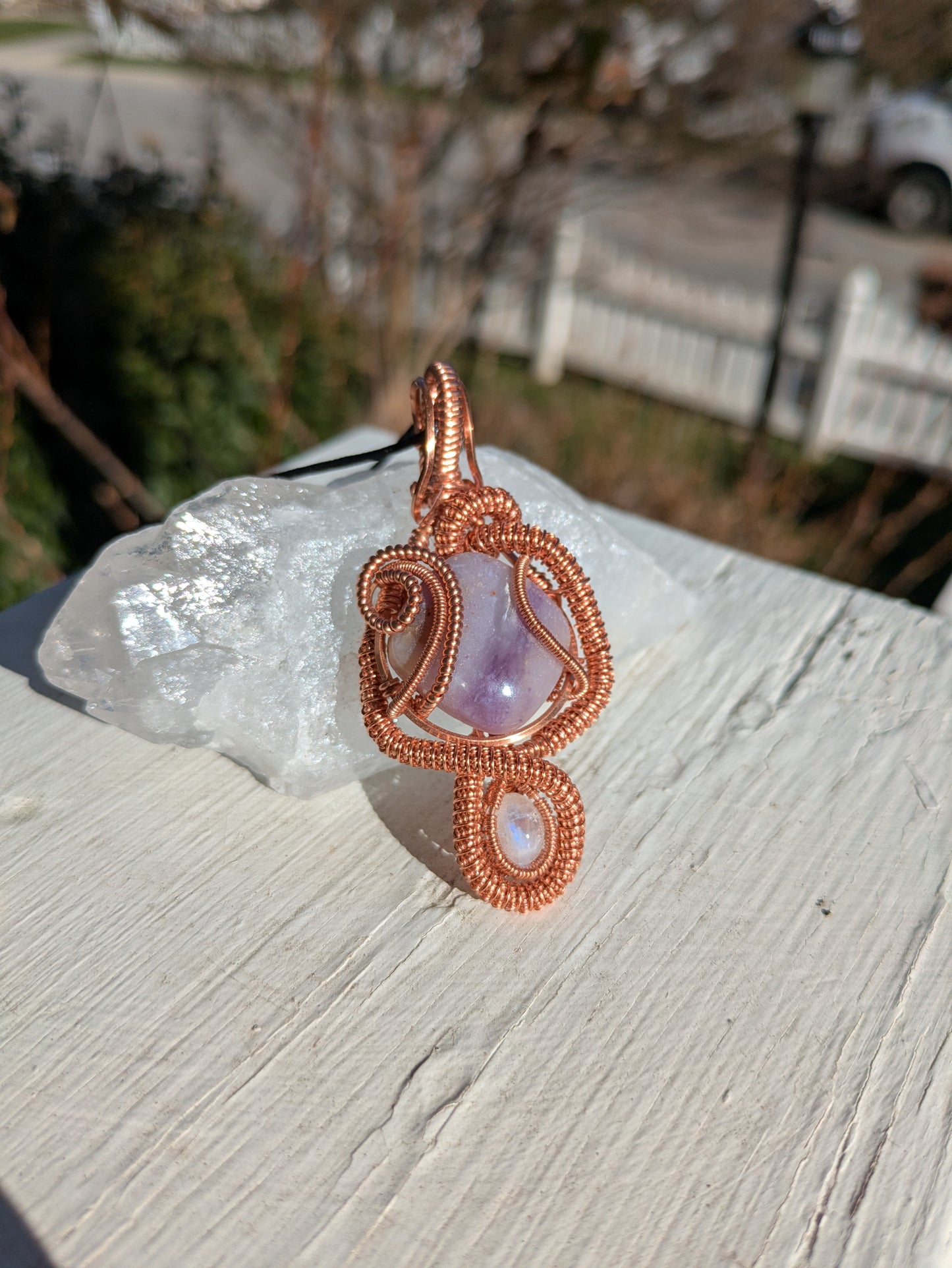 Copper Wire Wrapped Amethyst and Moonstone Mushroom Pendant Necklace