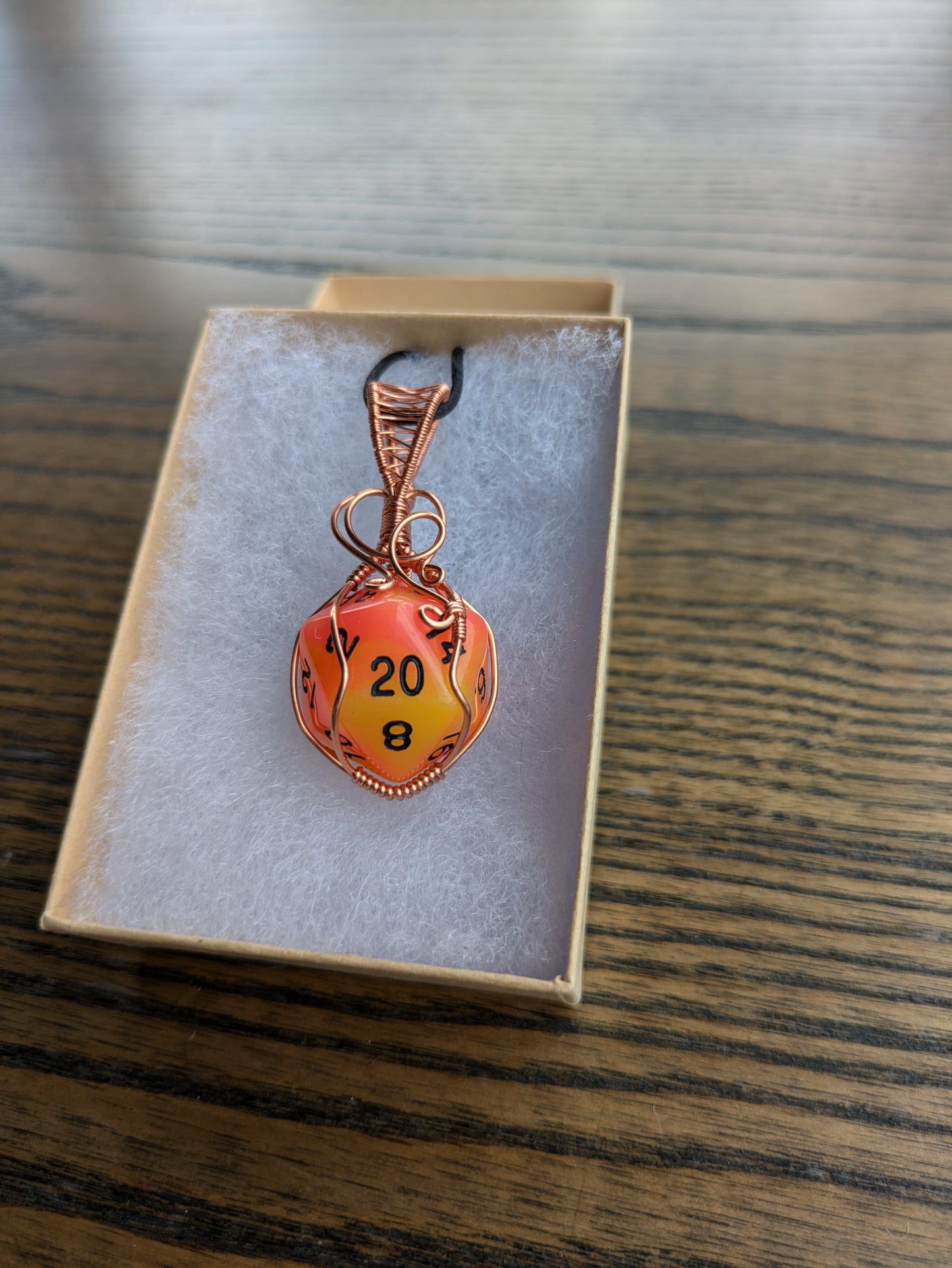 Neon Light and Dark Orange Marbled D20 Pendant Necklace