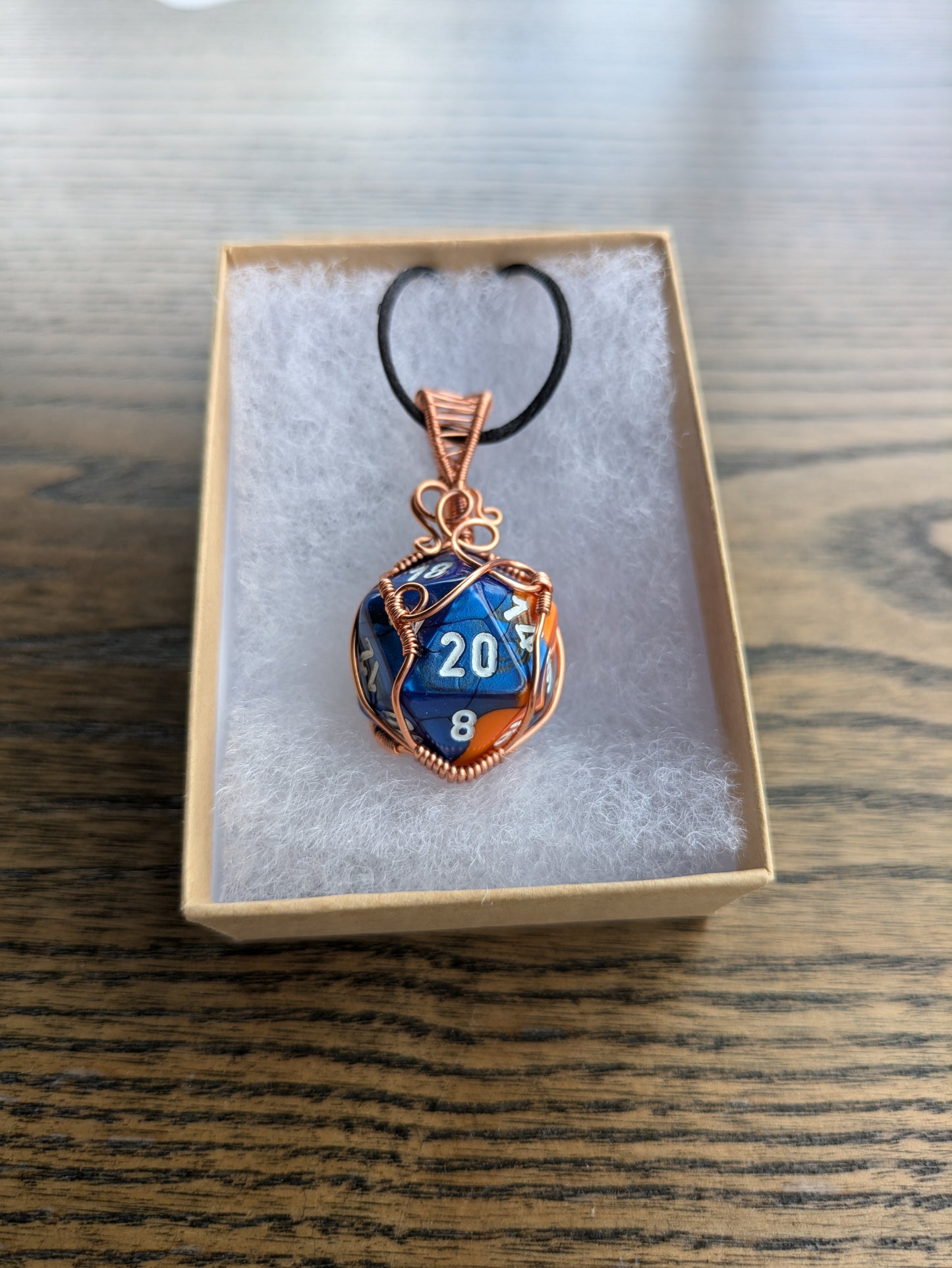 Blue and Orange Marbled D20 Pendant Necklace