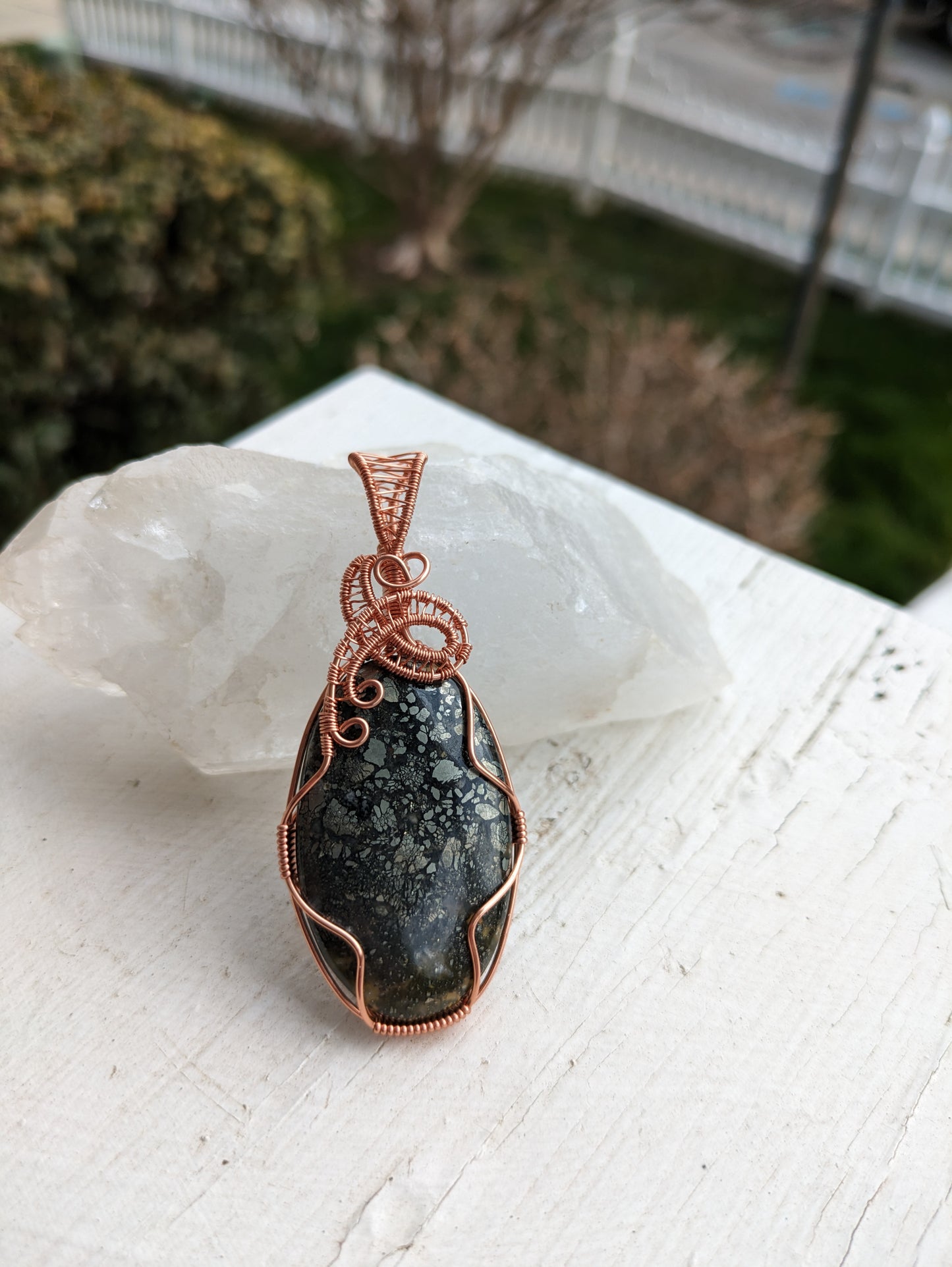 Copper Wire Wrapped Pyrite in Quartz Pendant Necklace
